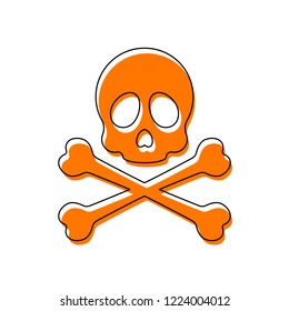 Skull and crossed bones. Simple icon. Isolated icon consisting of black thin contour and orange moved filling on different layers. White background