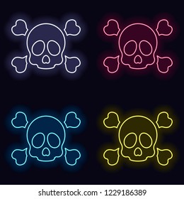 Skull and crossed bones. Simple icon. Set of neon sign. Casino style on dark background.