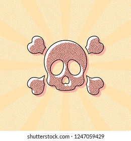 Skull and crossed bones. Simple icon. Vintage retro typography with offset printing effect. Dots poster with comics pop art background