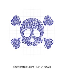 Skull and crossed bones. Simple icon. Hand drawn sketched picture with scribble fill. Blue ink. Doodle on white background