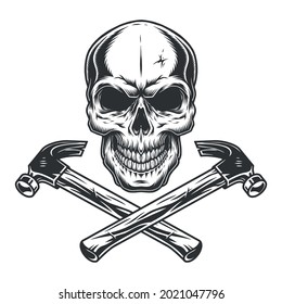 Skull and crossed builder hammers in monochrome vintage style isolated vector illustration