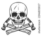Skull and crossed builder hammers from new construction and remodeling house business in monochrome vintage style isolated vector illustration