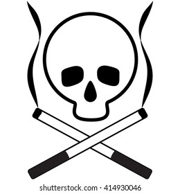 Skull with the crossed cigarettes. Black and white icon. Propoganda tobacco control. Vector Image.