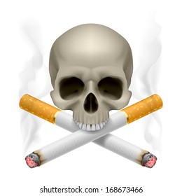 Skull with crossed cigarettes as symbol of smoking danger.