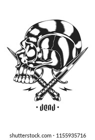 Skull and Crossed Dagger. Suitable for graphic element, apparel, and other design needs. Text are curved, non-Layered