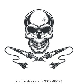 Skull and crossed electric soldering irons in vintage monochrome style isolated vector illustration