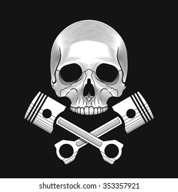 Skull and crossed engine pistons on the black background. Car or bike repair shop logo template (concept). Vector illustration.