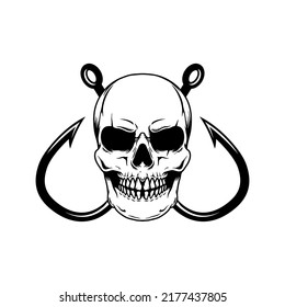 Skull with crossed fishing hooks. Design element for logo, label, sign, emblem. Vector illustration