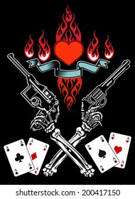 Skull, crossed guns and heart