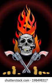 Skull, crossed guns and money