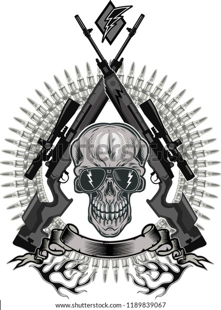 Skull Crossed Guns Roses Skull Tattoo Stock Vector Royalty Free