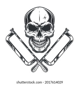 Skull and crossed hacksaws vintage template in monochrome style isolated vector illustration