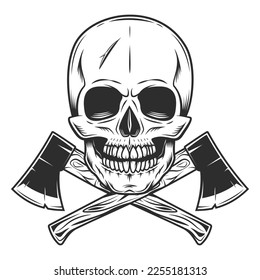 Skull and crossed metal ax with handle made of wood. Wooden axe construction builder tool. Element for business woodworking or lumberjack emblem or icon.