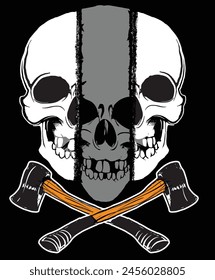 Skull and Crossed Metal Ax with Wooden Handle: A Vector Illustration of a Construction Builder Tool, Ideal for Business Woodworking or Lumberjack Emblem or Icon