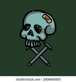 Skull with crossed nails vector illustration. Cartoon drawing isolated on green background