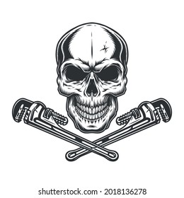 Skull and crossed pipe wrenches in vintage style on white background isolated vector illustration