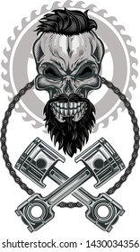 Skull with crossed pistons, isolated on white background.