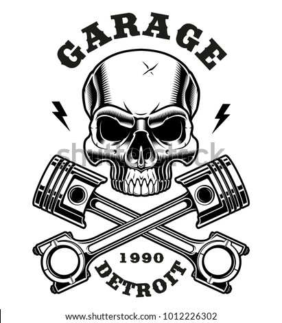 Skull with crossed pistons, isolated on white background. Text is on the separate group.