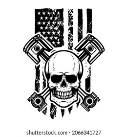 Skull with crossed pistons on american flag background. Design element for logo, emblem, sign, poster, t shirt. Vector illustration