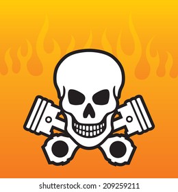 Skull and Crossed Pistons on orange flame background. Vector illustration with easy to edit colors and shapes.