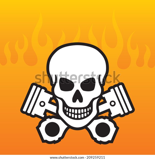 Skull and Crossed\
Pistons on orange flame background. Vector illustration with easy\
to edit colors and\
shapes.