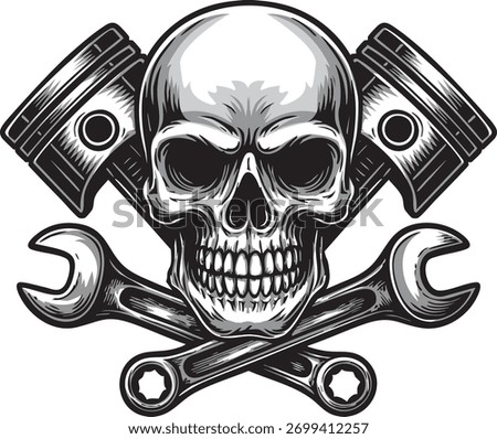 Skull with crossed pistons and wrenches — bold mechanical symbol, raw attitude, garage rebellion and hardcore machine culture.