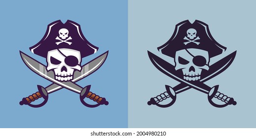 Skull with crossed sabers in different styles. Pirate concept art.