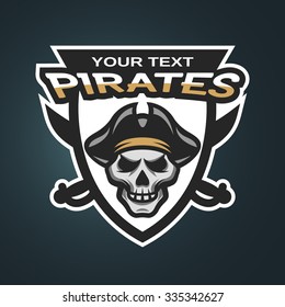 Skull and crossed sabers sea pirate theme badge, logo, emblem on a dark background.