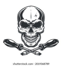 Skull and crossed screwdrivers in monochrome vintage style isolated vector illustration