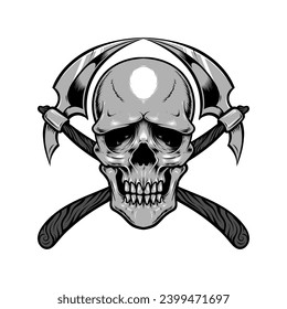 Skull with crossed scythe illustration and tshirt design