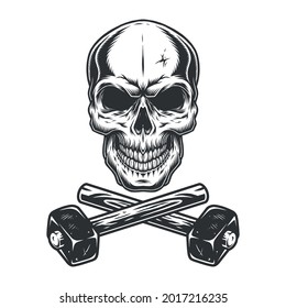 Skull and crossed sledgehammers in vintage style on white background isolated vector illustration