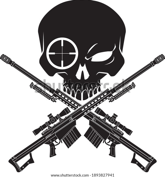 skull with\
crossed sniper rifles and scope sight\
eye