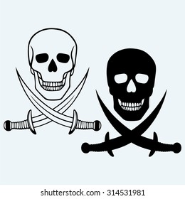 Skull and crossed swords. Isolated on blue background