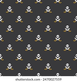 Totenkopf und gekreuzte Schwerter Nahtloses Muster. Cartoon Piraten Elemente und Objekte. Hintergrund. Vektorillustration.