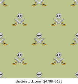 Skull and crossed swords Seamless Pattern. Cartoon Pirate elements and objects. background. Vector illustration.