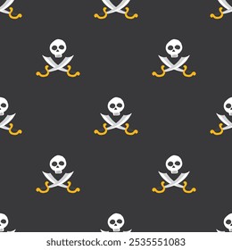 Totenkopf und gekreuzte Schwerter Nahtloses Muster. Cartoon Pirate Elemente und Objekte. Hintergrund. Vektorgrafik.