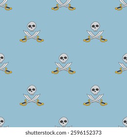 Skull and crossed swords Seamless Pattern. Cartoon Pirate elements and objects. background. Vector illustration.