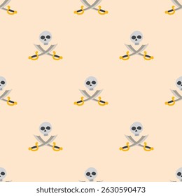 Skull and crossed swords Seamless Pattern. Cartoon Pirate elements and objects. background. Vector illustration.