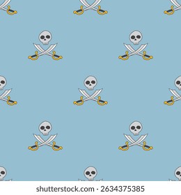 Totenkopf und gekreuzte Schwerter Nahtloses Muster. Cartoon Pirate Elemente und Objekte. Hintergrund. Vektorgrafik.