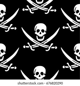 Skull and Crossed Swords Seamless Pattern. Halloween design element or classic "Jolly Roger" pirate flag.