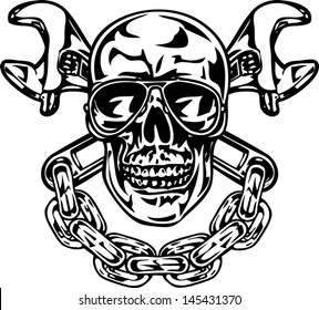 Skull with crossed wrenches and chain