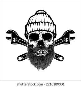 Skull with crossed wrenches. Design element for logo, label, sign, poster, card. Vector illustration