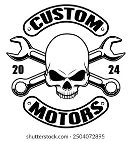 Skull with crossed wrenches emblem, logo with crossed wrenches and banner. Black and white workshop logo design