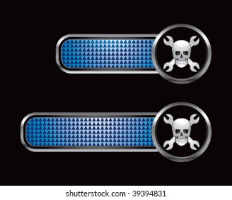 skull with crossed wrenches on blue checkered banners