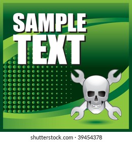 skull and crossed wrenches on green halftone banner