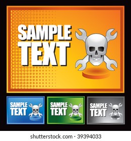 skull and crossed wrenches on multicolored halftone banners