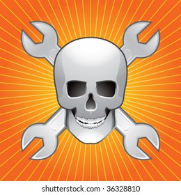 skull and crossed wrenches on orange starburst