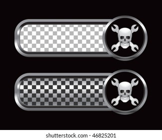 skull with crossed wrenches on silver and black checkered tabs