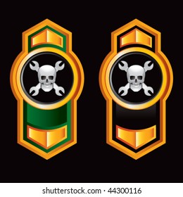 skull and crossed wrenches vertical orange wave banner