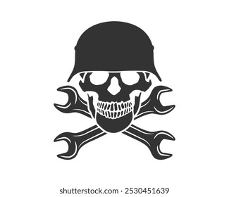 Skull with crossed wrenches and ww2 german helmet. Construction builder plumbing wrench or body shop repair car and truck mechanic service tool crossed. Vector illustration image.